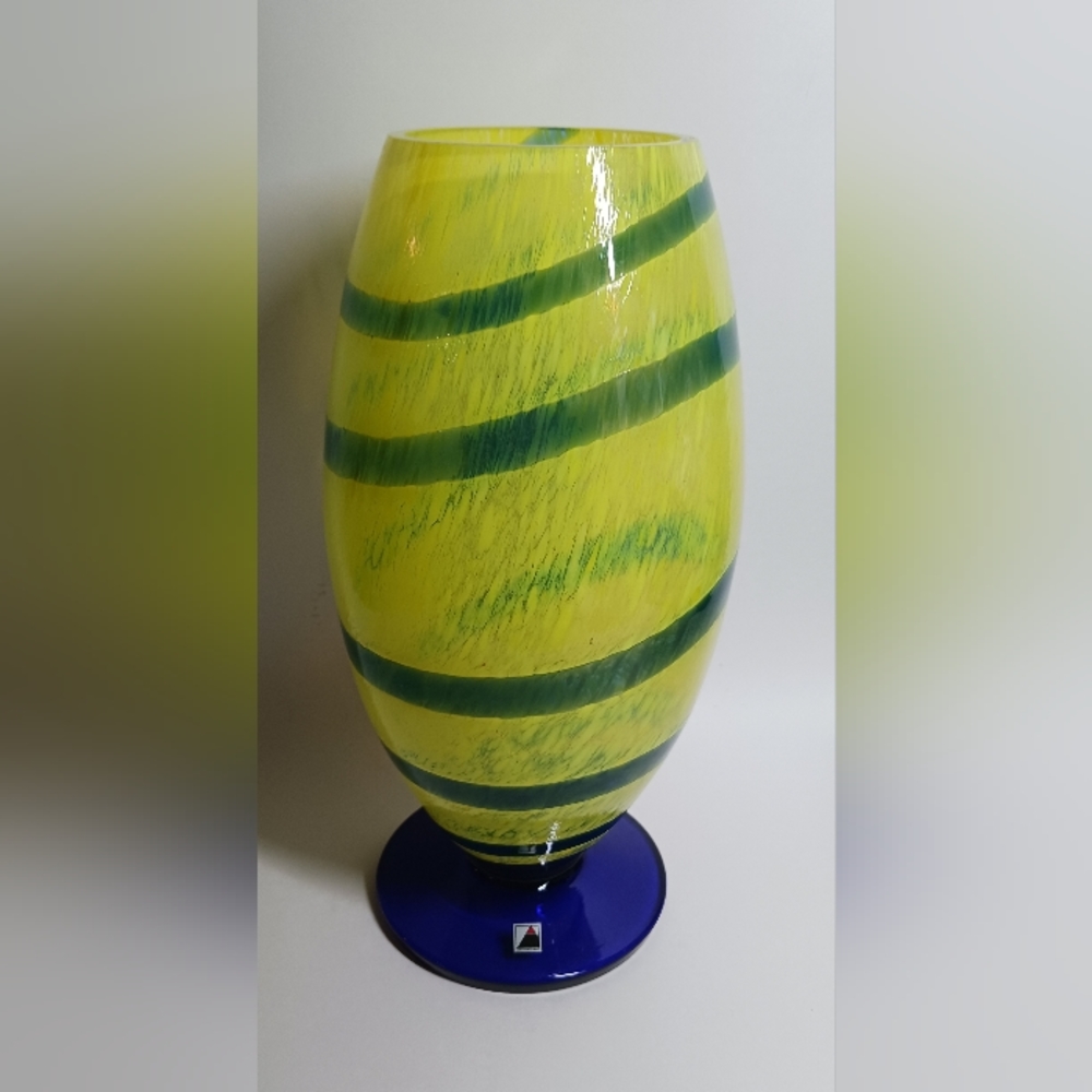 Vintage Czech Art Glass Hand Blown Yellow w/Blue Swirls Vase 11"